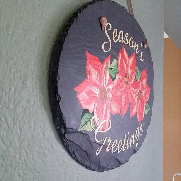 Christmas Painted Slate "Season's Greetings" Red Poinsettias 12 3/4" x 9 3/4" - Picture 5 of 10